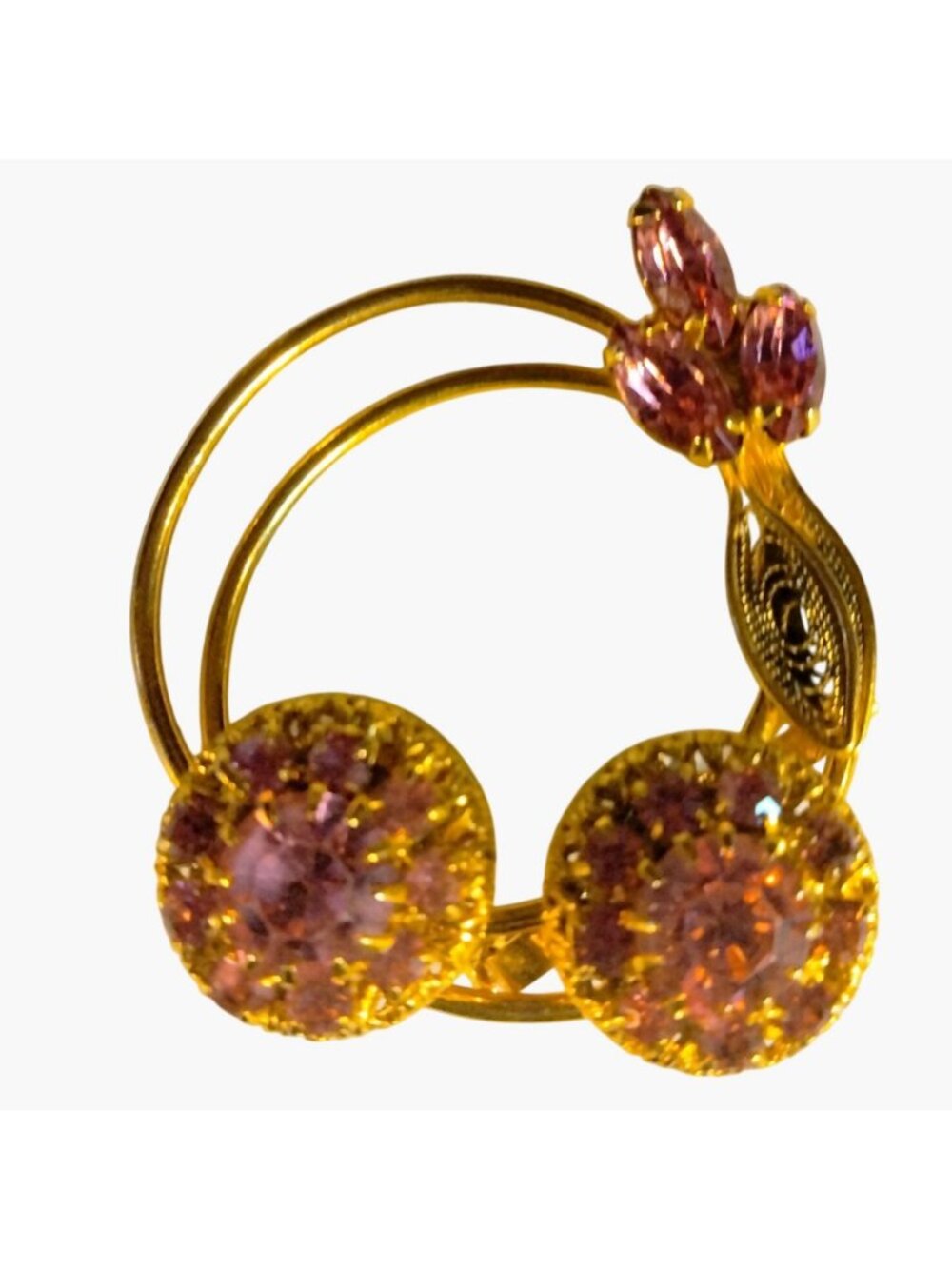 Brooch Pink Rhinestone Elegant Floral Design Dual Circle Gold Tone 2 Inch - Picture 4 of 5